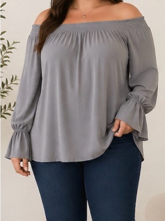torrid Tops - Torrid Off-Shoulder Long Sleeve Blouse in Mauve Gray